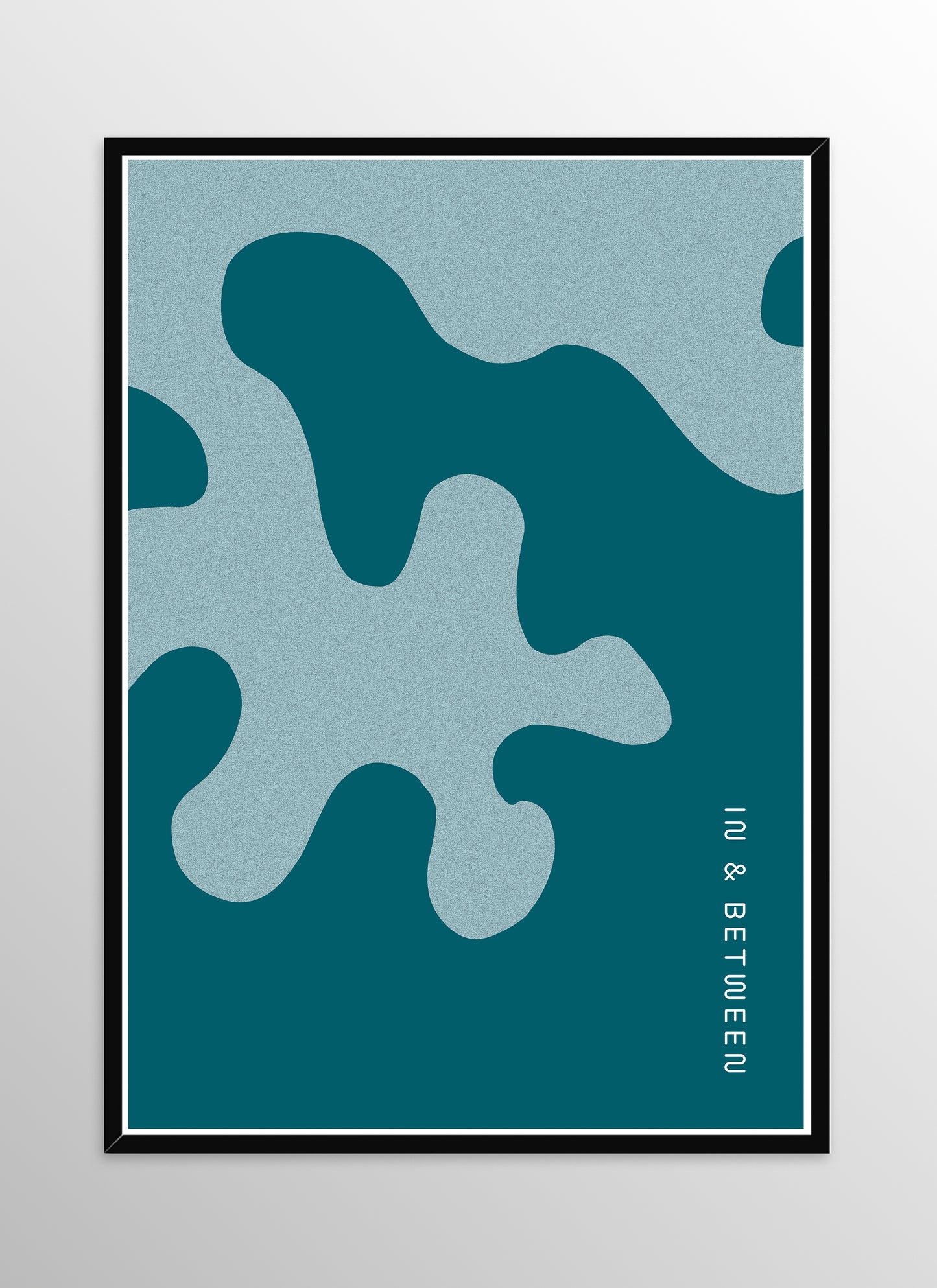 Art print of large deep blue and light blue oak leaf and background in black wooden frame.
