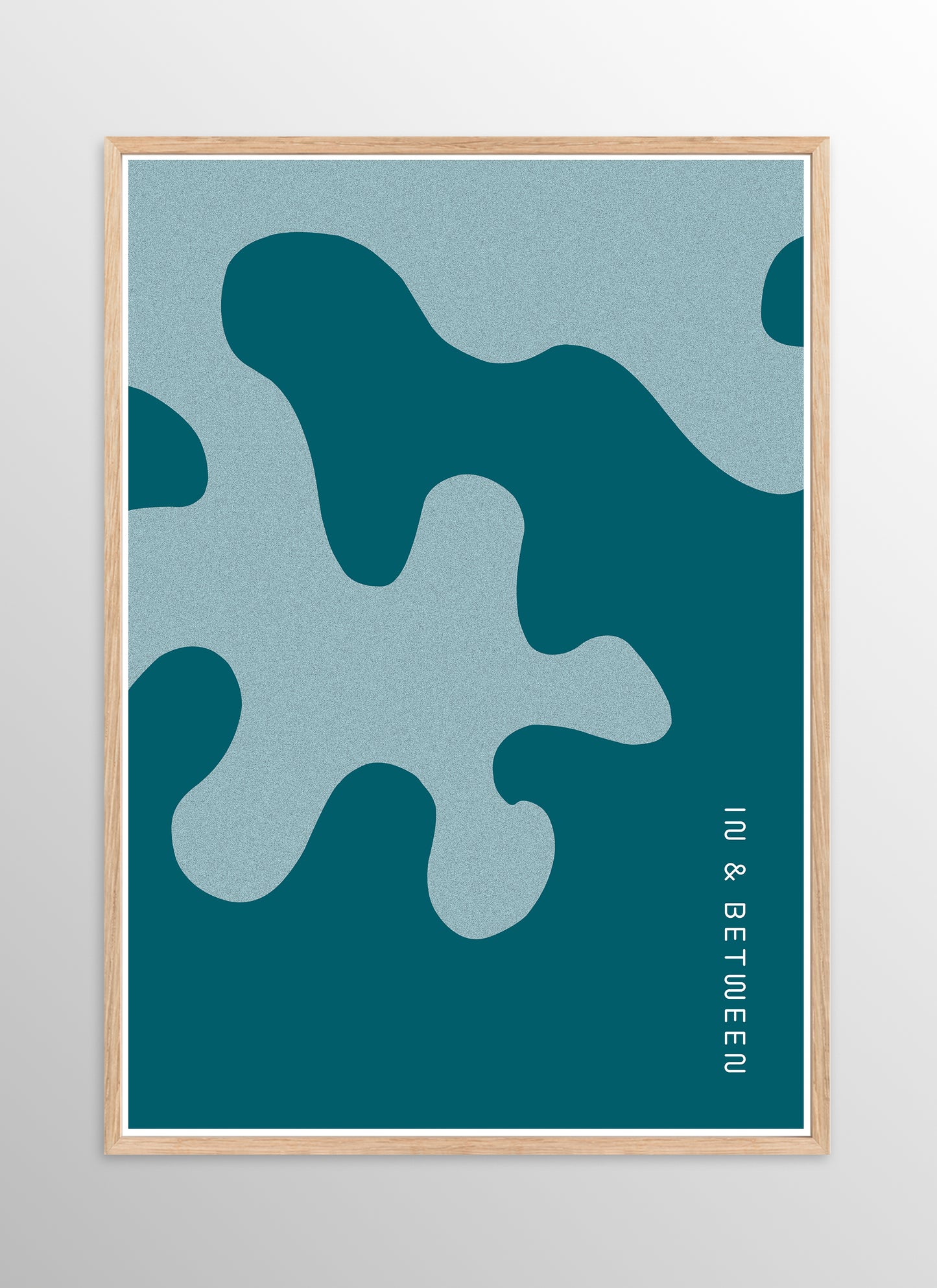 Art print of large deep blue and light blue oak leaf and background in natural wooden frame.