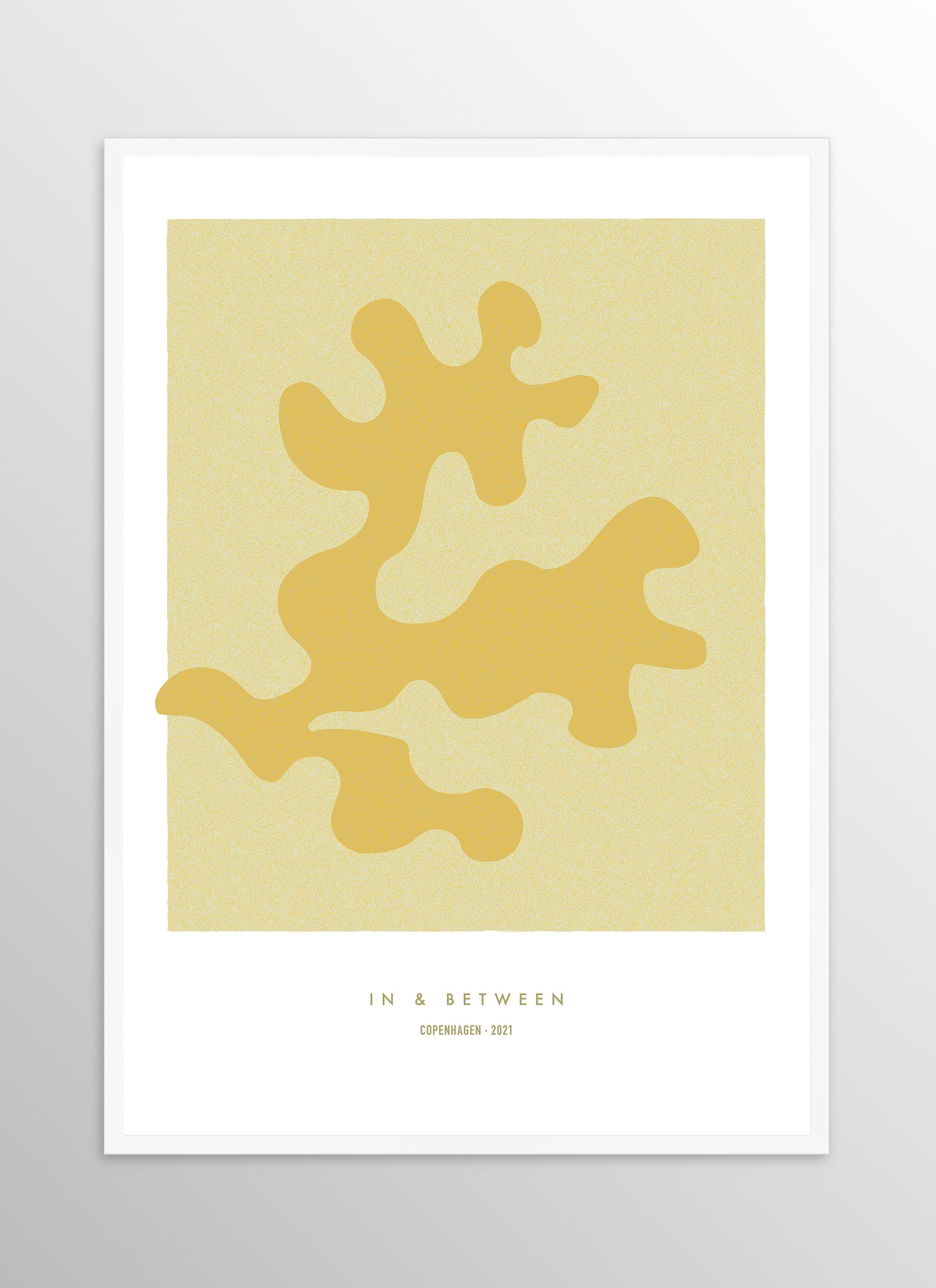 Art print of maple oak leaf and background in white wooden frame.