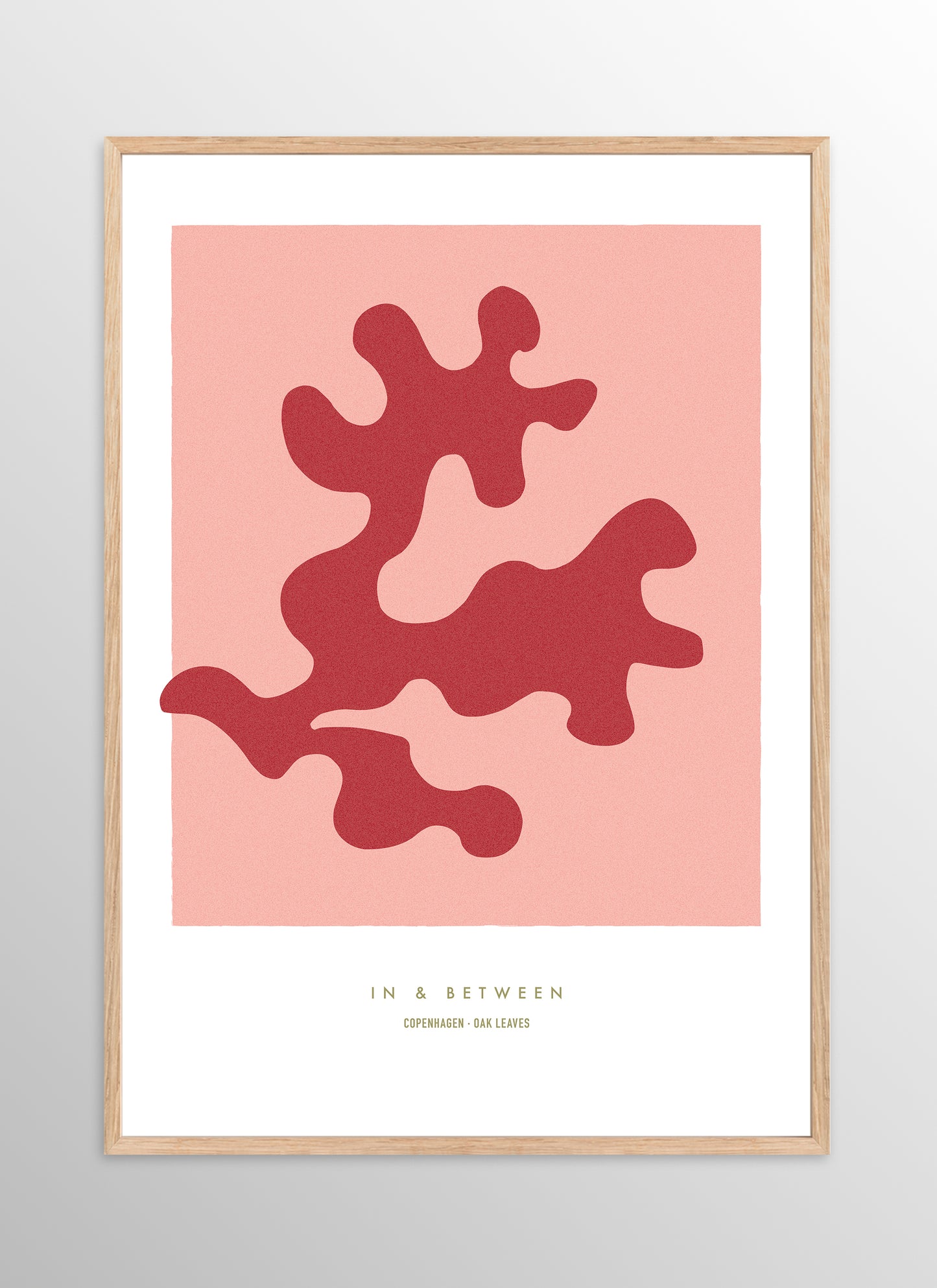 Art print of strawberry ice red oak leaf and background in natural wooden frame.