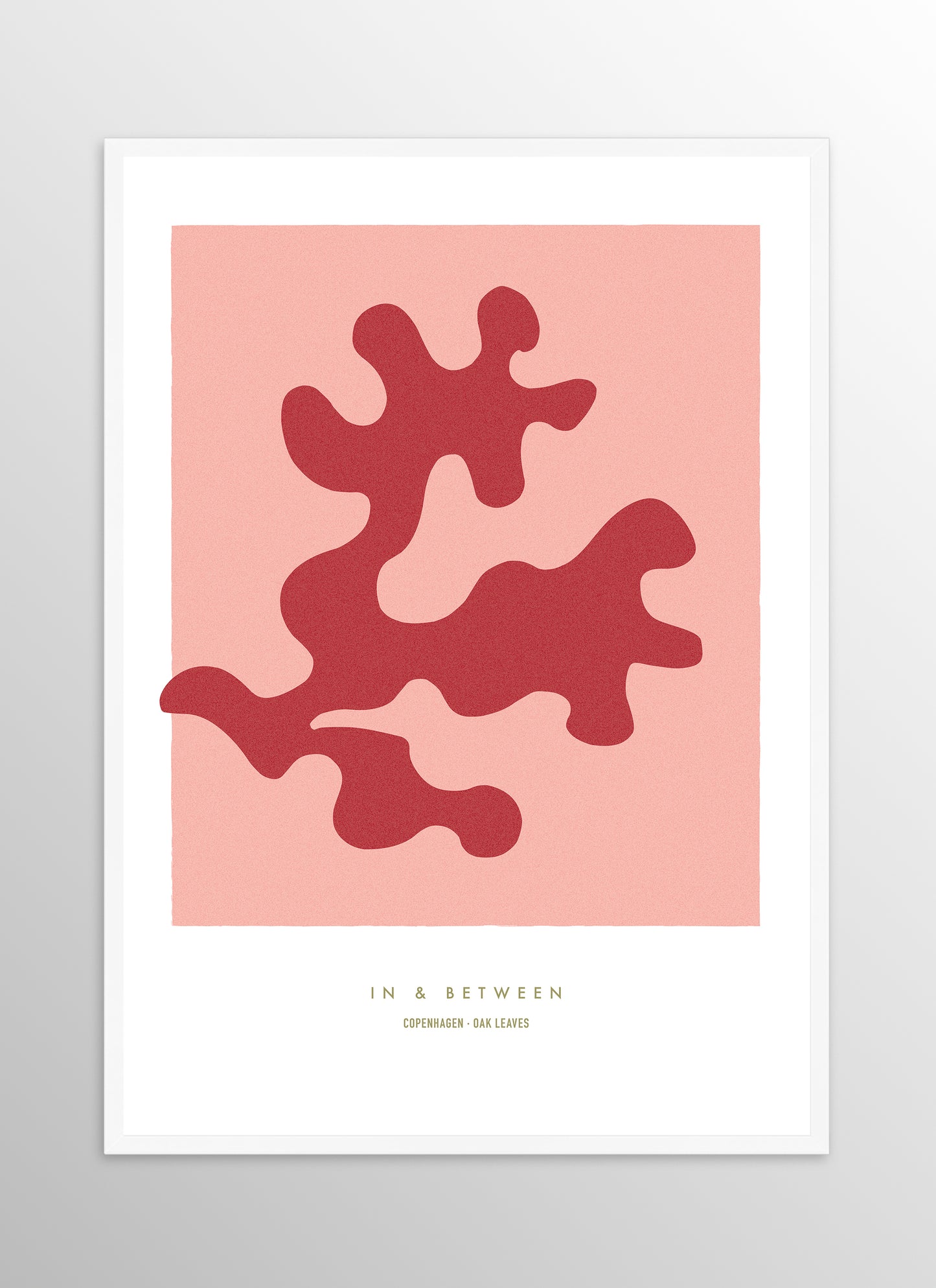 Art print of strawberry ice red oak leaf and background in white wooden frame.