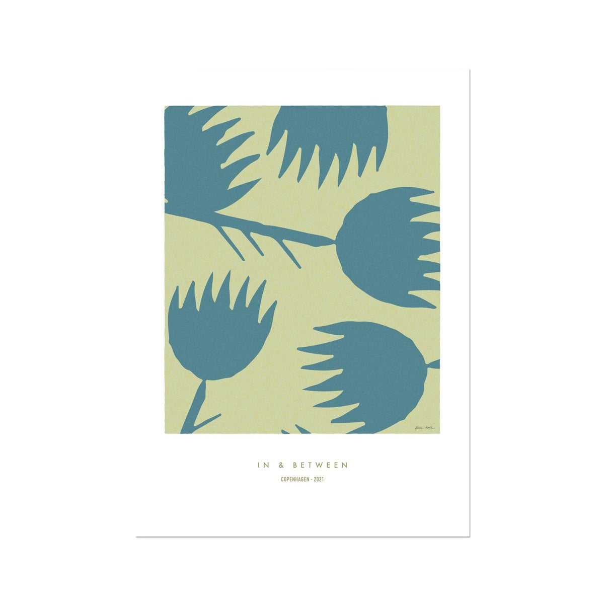 Art print of blue thistles on a light green background with white space around.