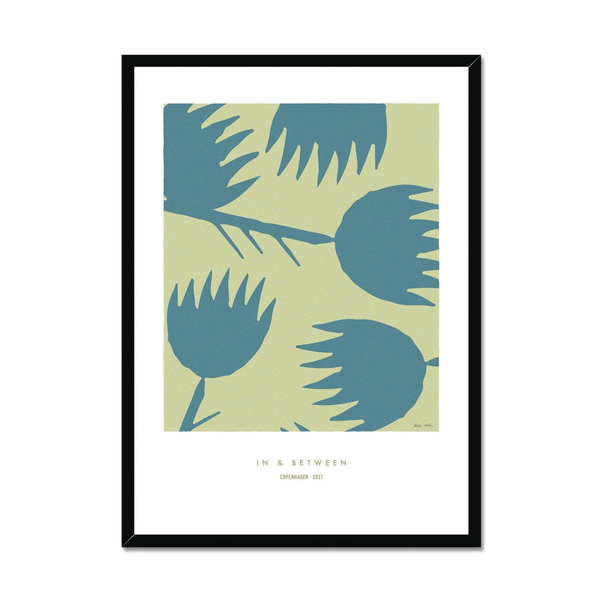 Art print of blue thistles on a light green background with white space around and a black wooden frame.
