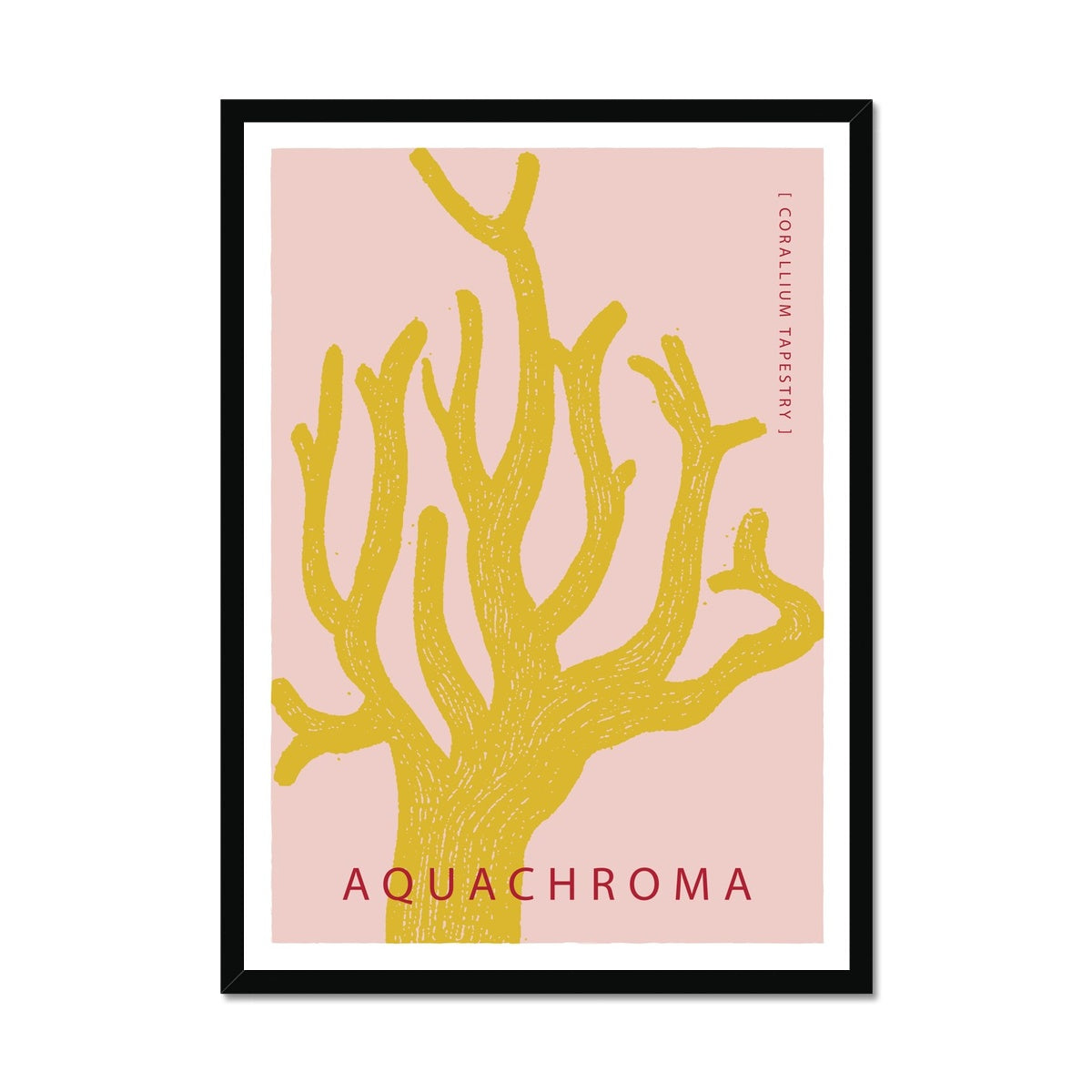 Vibrant yellow coral on a light red background with white border in a black wooden frame.