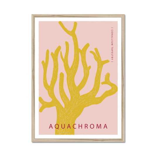 Vibrant yellow coral on a light red background with white border in a natural wood frame.