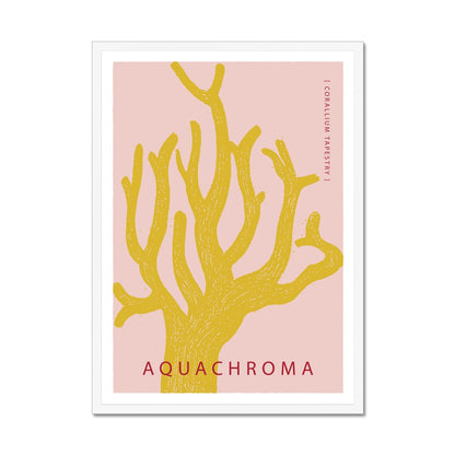 Vibrant yellow coral on a light red background with white border in a white wooden frame.