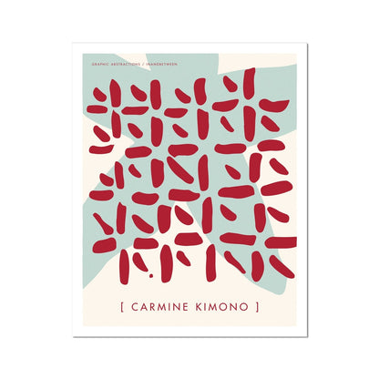 Art print of pale blue simple figure and carmine red pattern on top like a kimono.