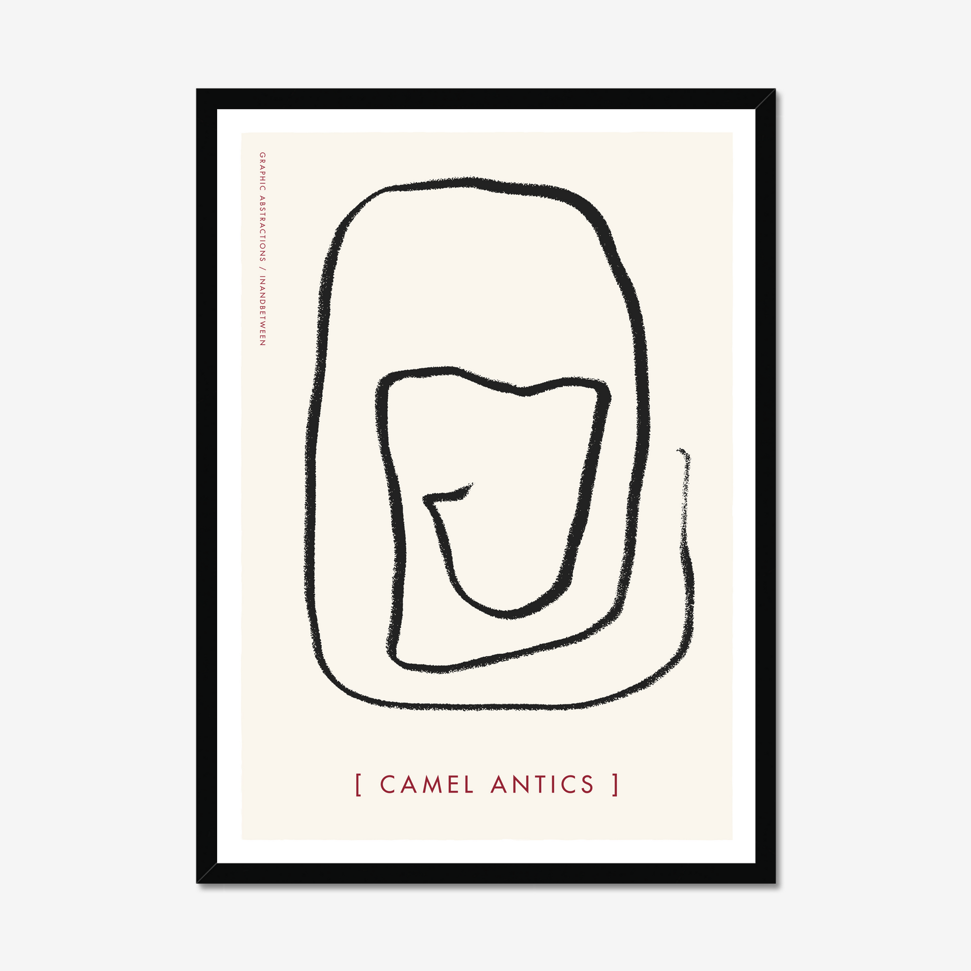 Art print in black wood frame showing simple line figure performing exaggerated yoga camel pose on a soft cream background.