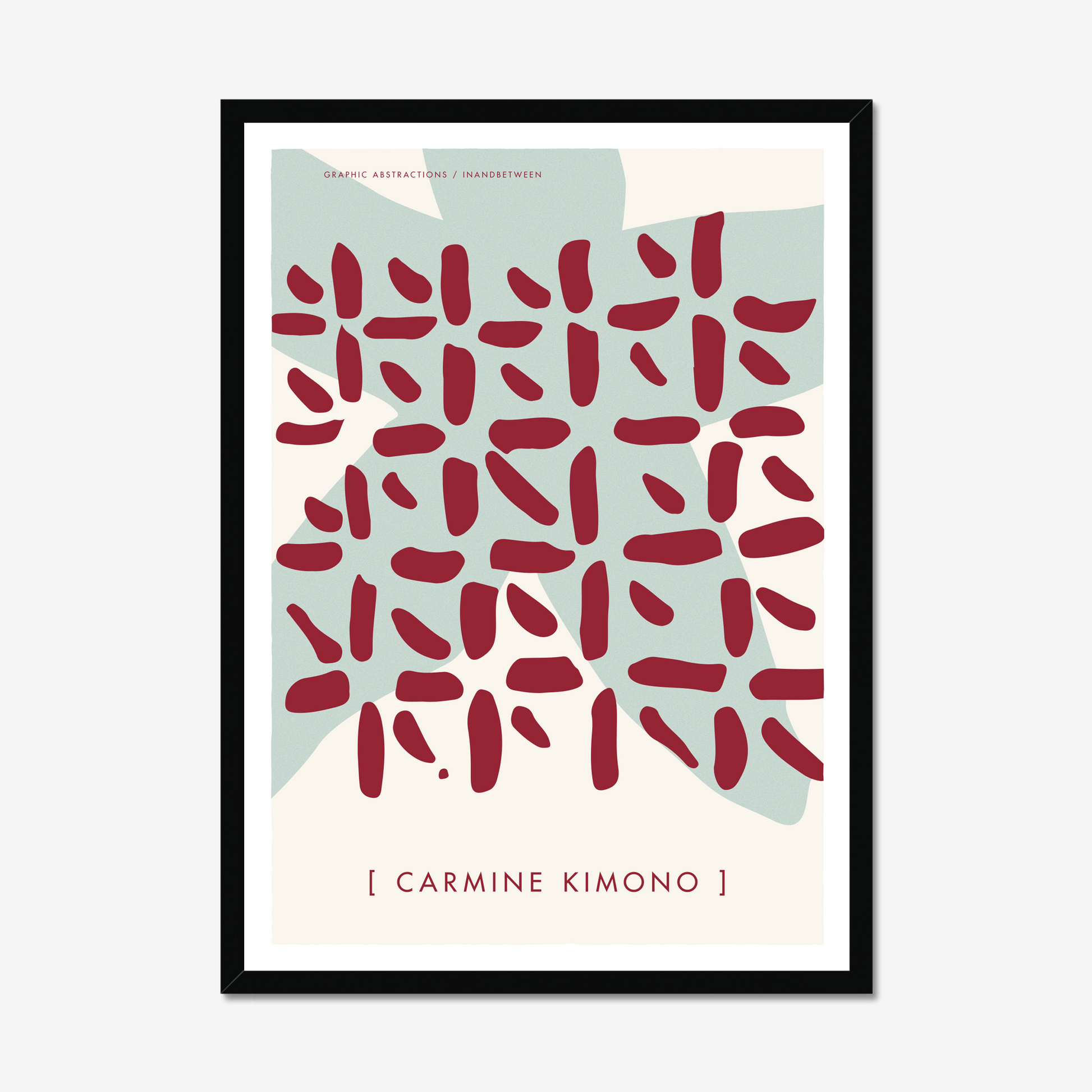 Art print in black wood frame with a pale blue simple figure and carmine red pattern on top like a kimono.