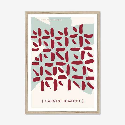 Art print in natural wood frame with a pale blue simple figure and carmine red pattern on top like a kimono.