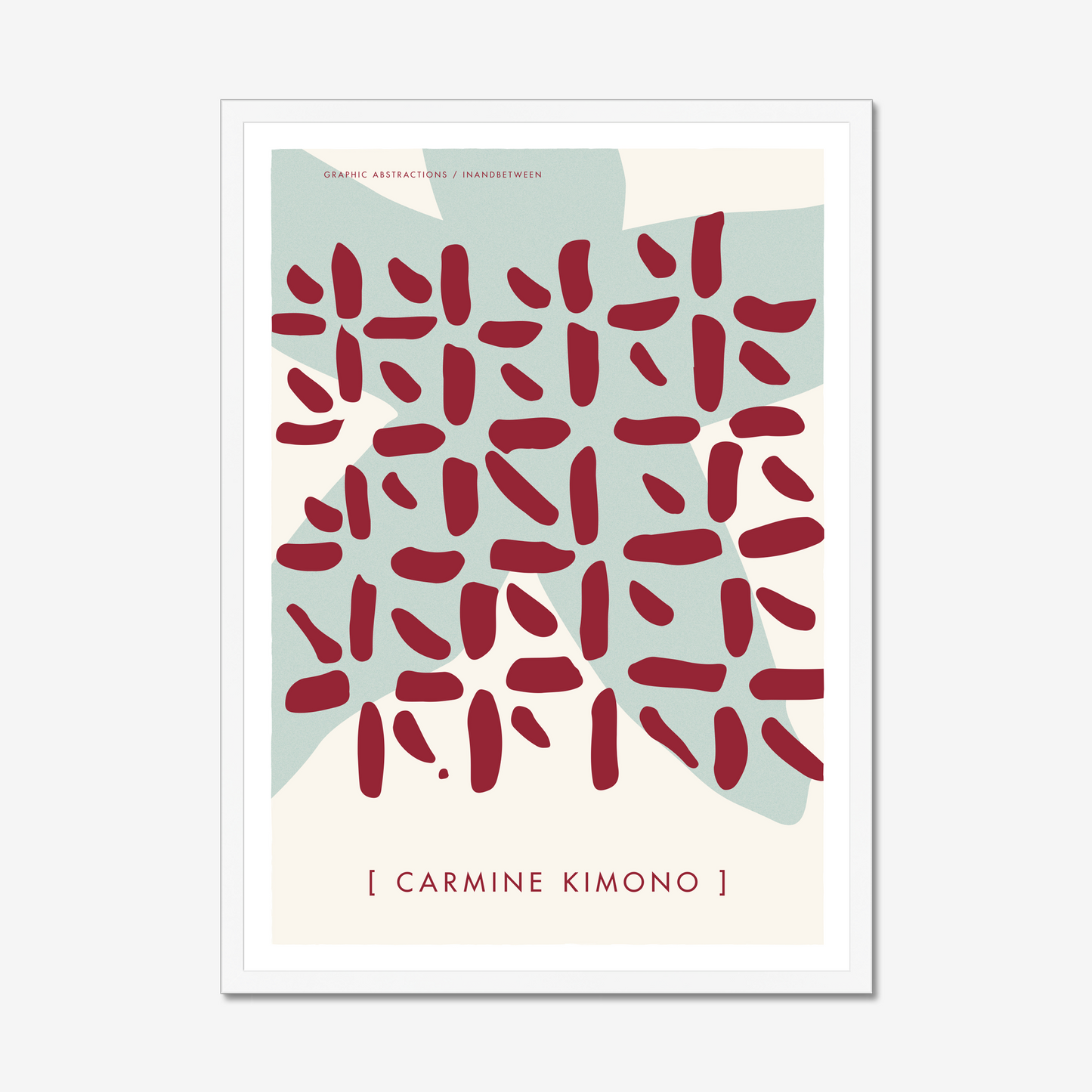 Art print in white wood frame with a pale blue simple figure and carmine red pattern on top like a kimono.