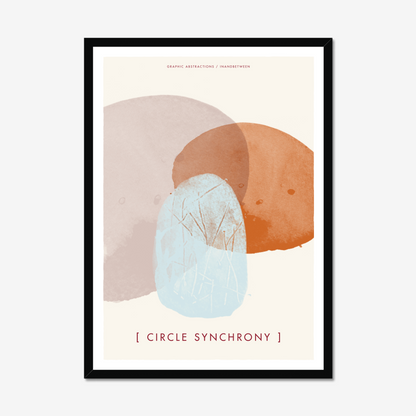 Art print in black wood frame showing three softly irregular and overlapping circular shapes in transparent colours of blush pink, orange and pale blue with etched pattern.