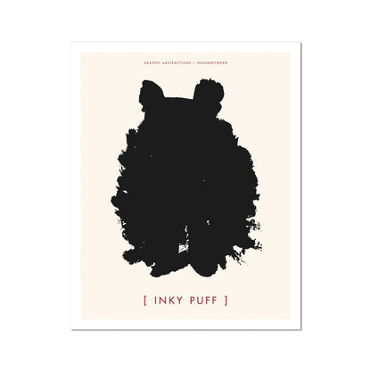 Art print showing ink black fluffy creature with ears on a cream background.