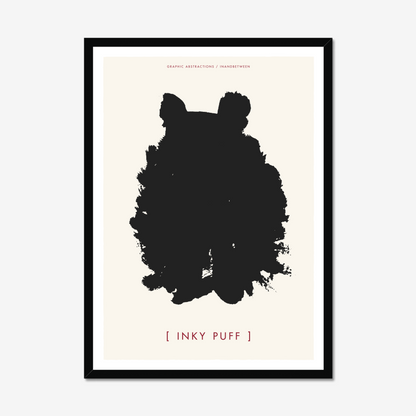 Art print in black frame showing ink black fluffy creature with ears on a cream background.