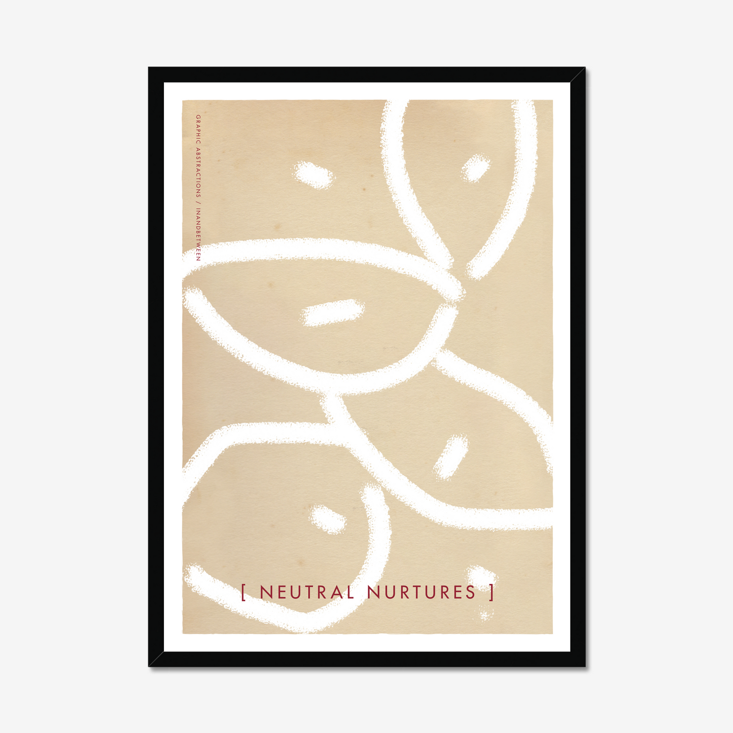 Art print in black wooden frame showing seed like structure in thick lines in neutral beige and white colours.