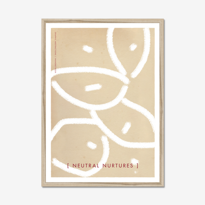 Art print in natural wooden frame showing seed like structure in thick lines in neutral beige and white colours.