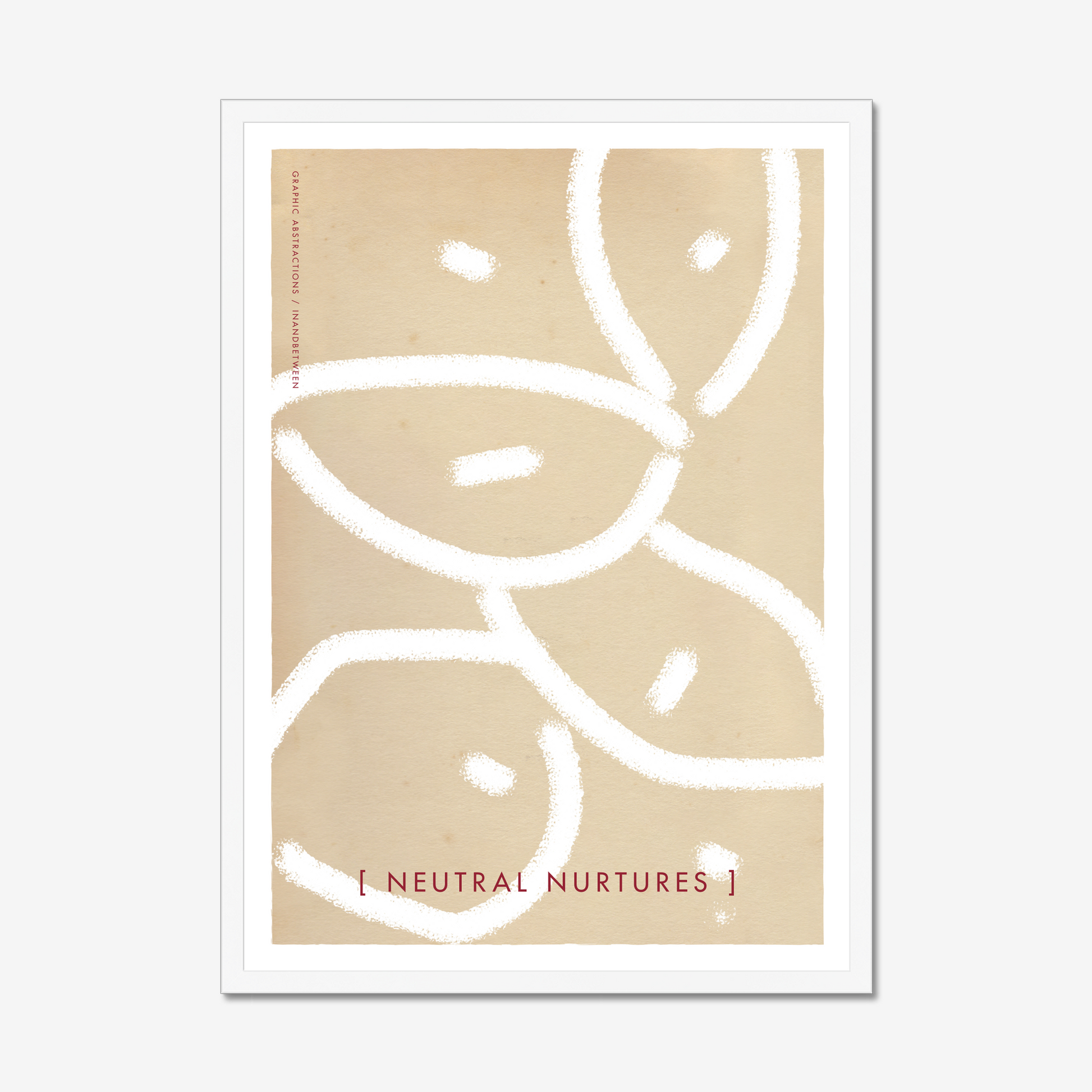 Art print in white wooden frame showing seed like structure in thick lines in neutral beige and white colours.