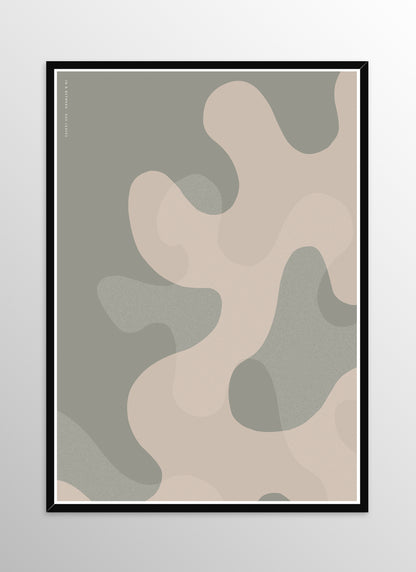 Art print of large warm grey oak leaf shapes and background in black wooden frame.