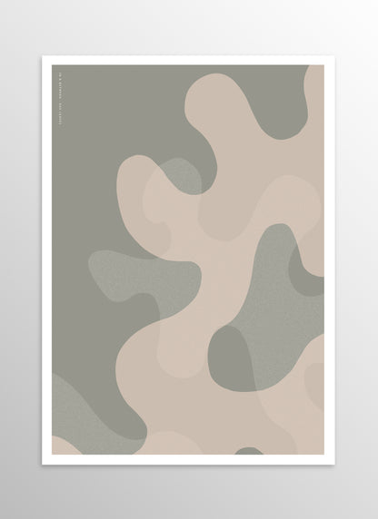 Art print of large warm grey oak leaf shapes and background.