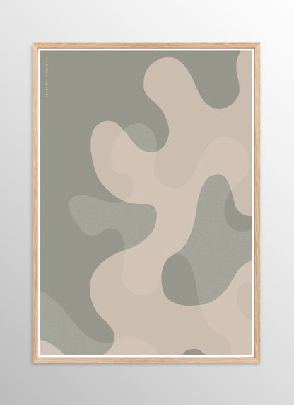 Art print of large warm grey oak leaf shapes and background in natural wooden frame.