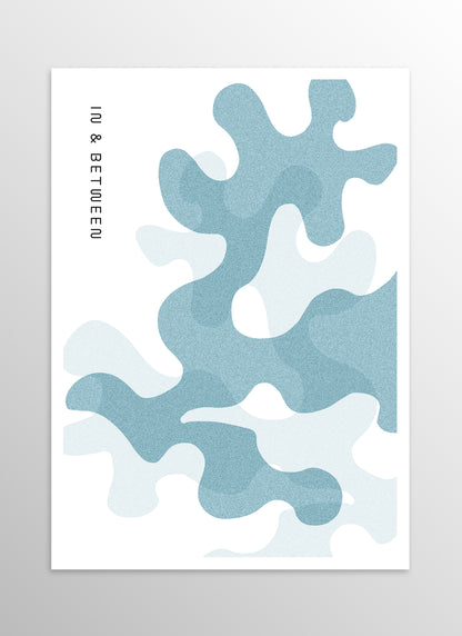 Art print of pastel blue oak leaves on white background.