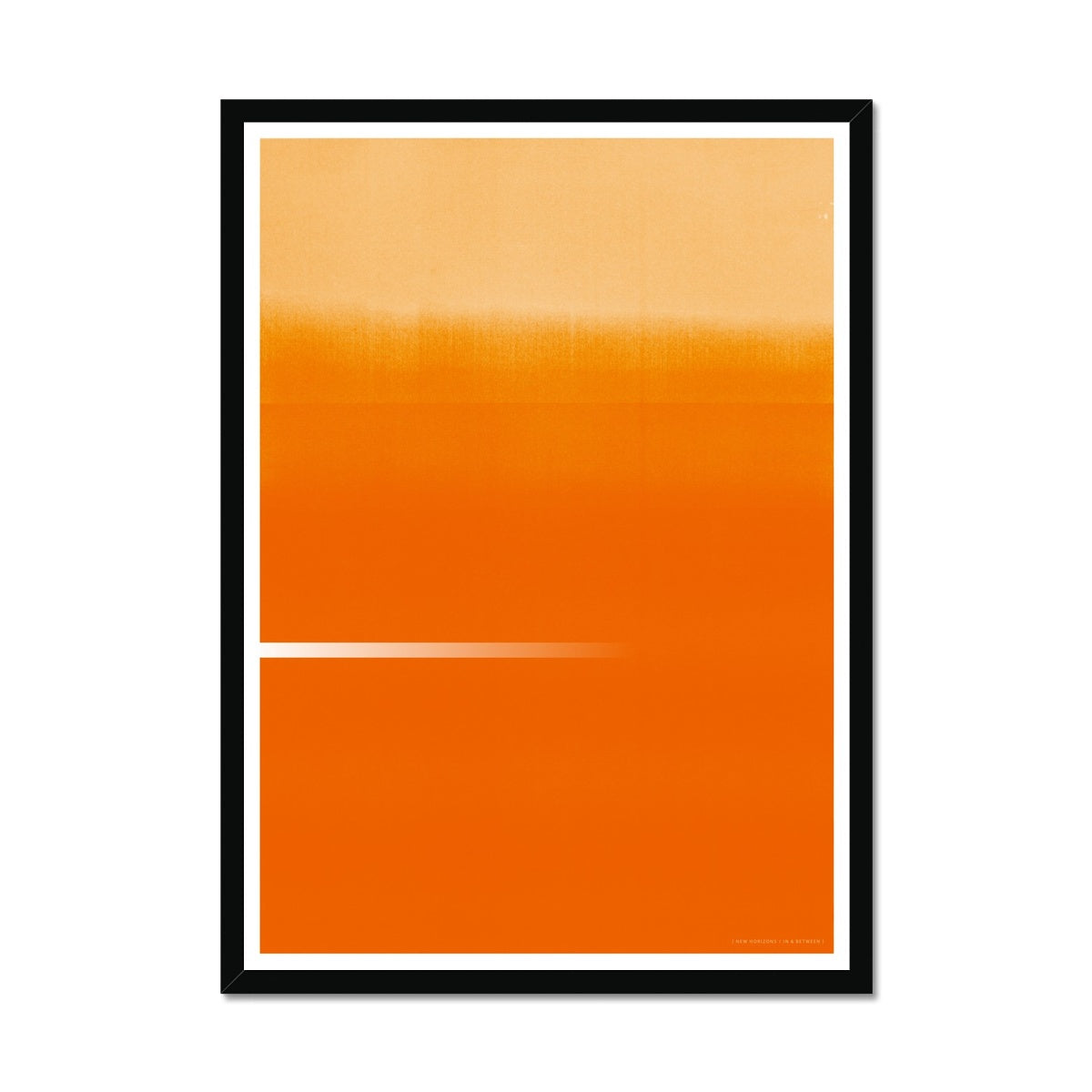 Black wood framed giclee print depicting a vibrant orange horizon. From being completely saturated at the bottom the pigments of colour slowly spread out upwards until it fades into space at the top like the horizon.