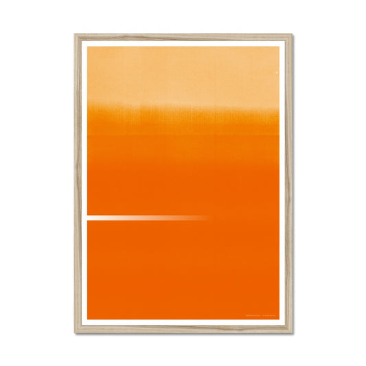 Natural wood framed giclee print depicting a vibrant orange horizon. From being completely saturated at the bottom the pigments of colour slowly spread out upwards until it fades into space at the top like the horizon.