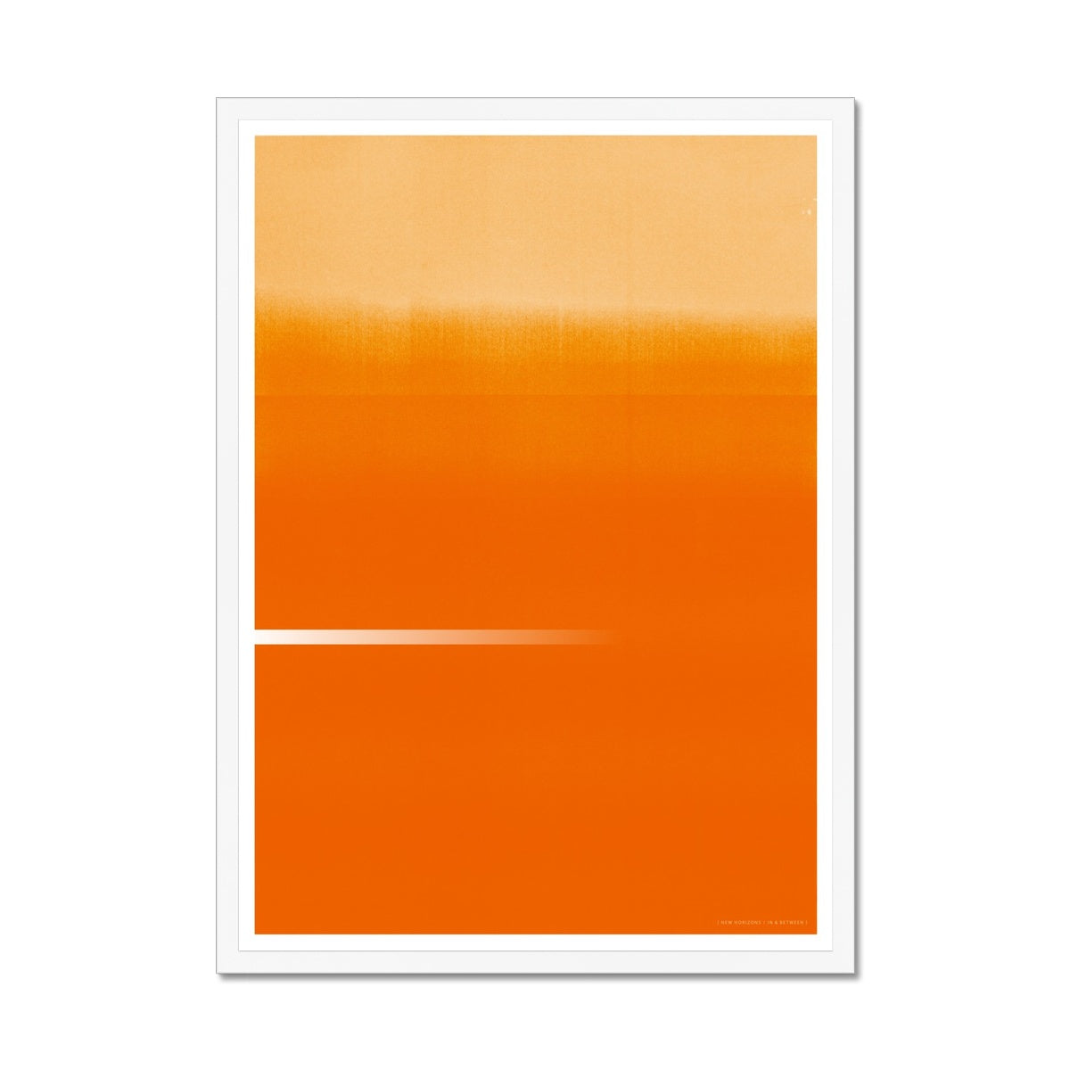 White wood framed giclee print depicting a vibrant orange horizon. From being completely saturated at the bottom the pigments of colour slowly spread out upwards until it fades into space at the top like the horizon.