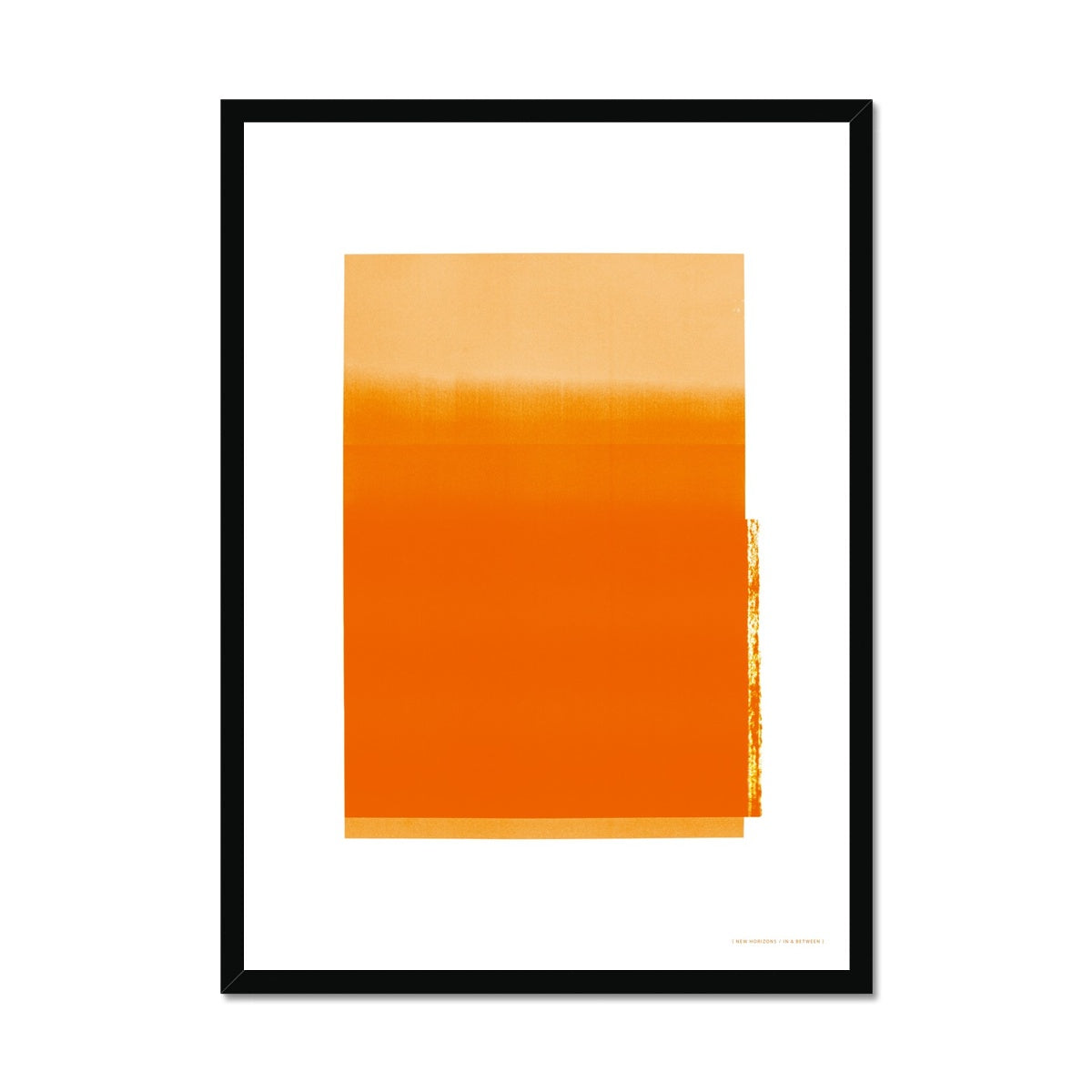 Black wood framed giclee print depicting electric orange horizon within wide white border. From being completely saturated at the bottom the pigments of colour slowly spread out upwards until it fades into space at the top like the horizon.