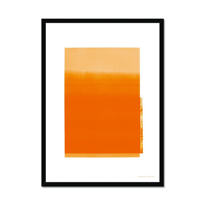 Black wood framed giclee print depicting electric orange horizon within wide white border. From being completely saturated at the bottom the pigments of colour slowly spread out upwards until it fades into space at the top like the horizon.