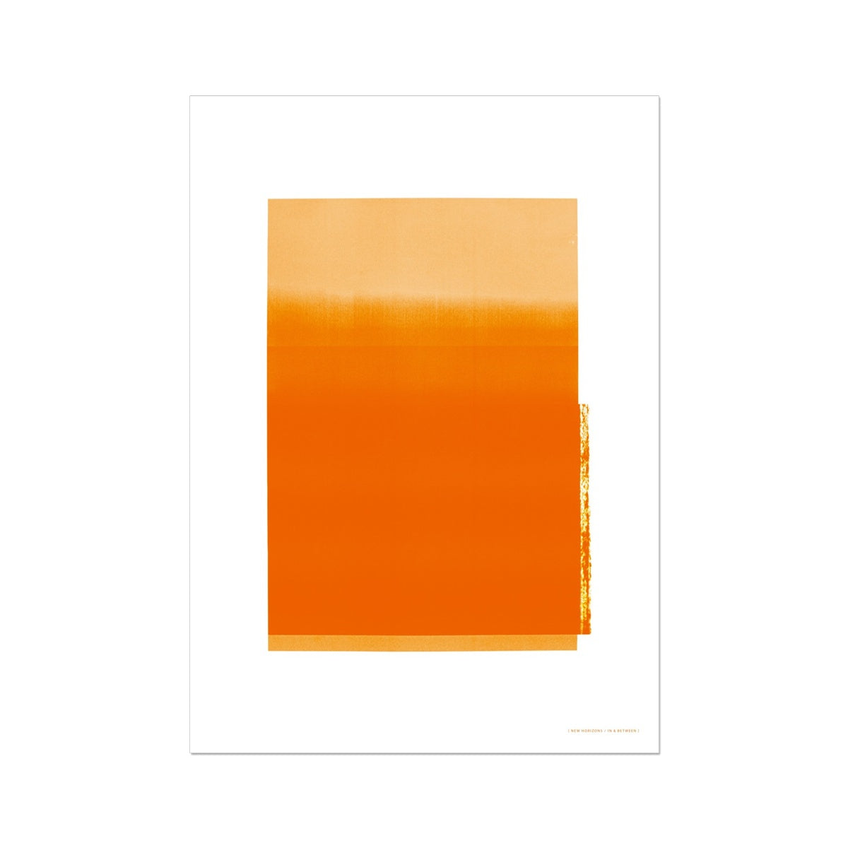 Giclee print depicting electric orange horizon within wide white border. From being completely saturated at the bottom the pigments of colour slowly spread out upwards until it fades into space at the top like the horizon.