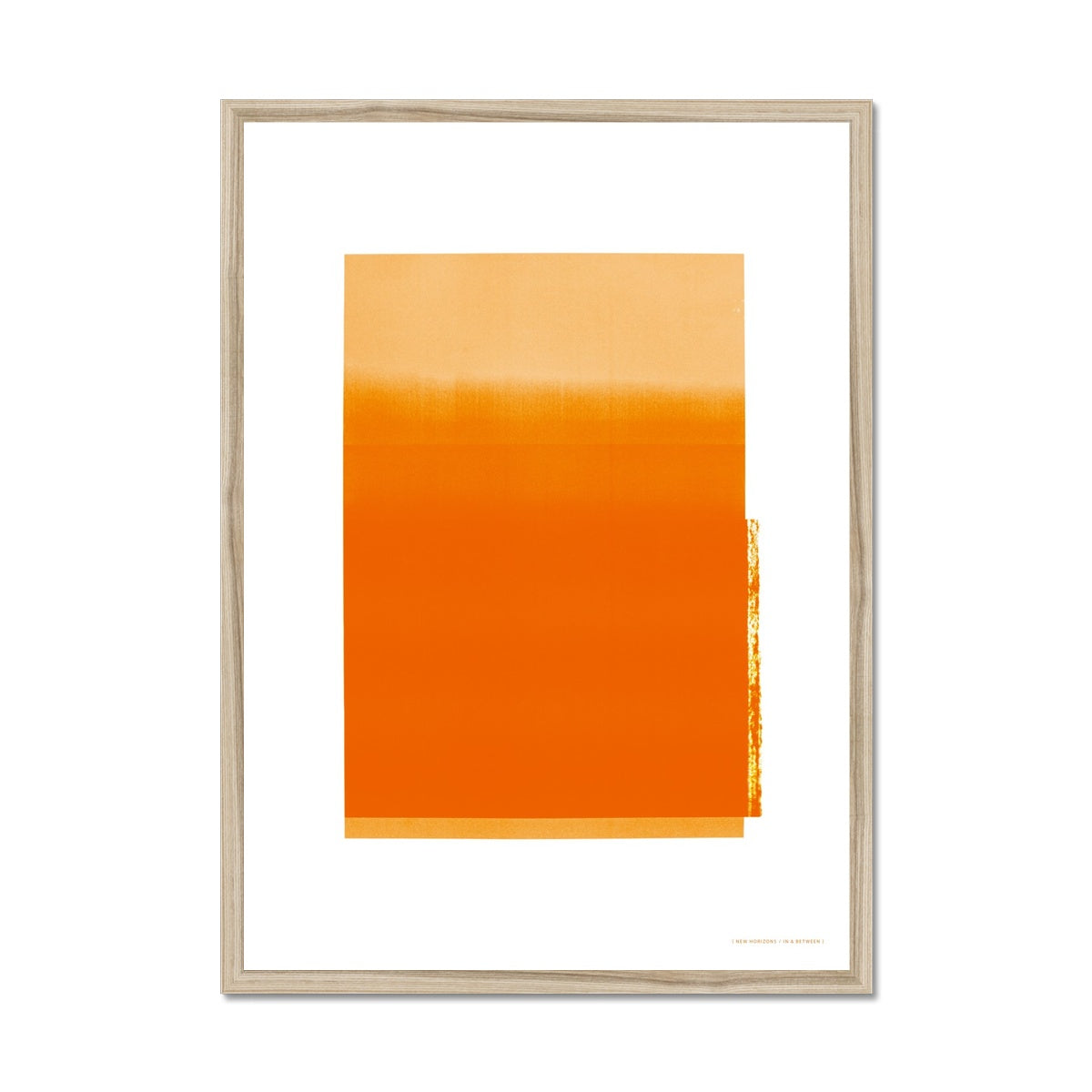 Natural wood framed giclee print depicting electric orange horizon within wide white border. From being completely saturated at the bottom the pigments of colour slowly spread out upwards until it fades into space at the top like the horizon.