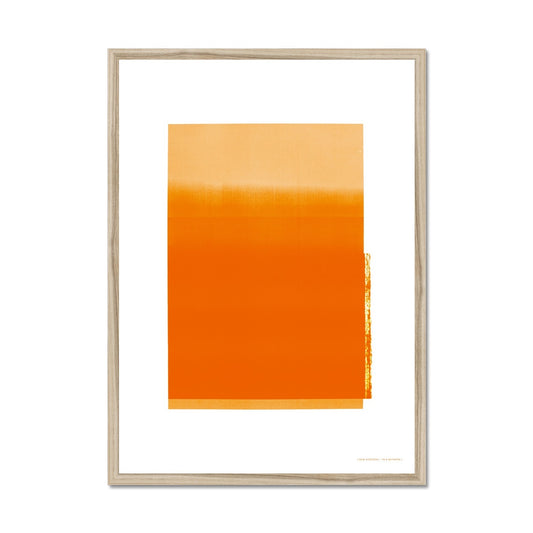Natural wood framed giclee print depicting electric orange horizon within wide white border. From being completely saturated at the bottom the pigments of colour slowly spread out upwards until it fades into space at the top like the horizon.