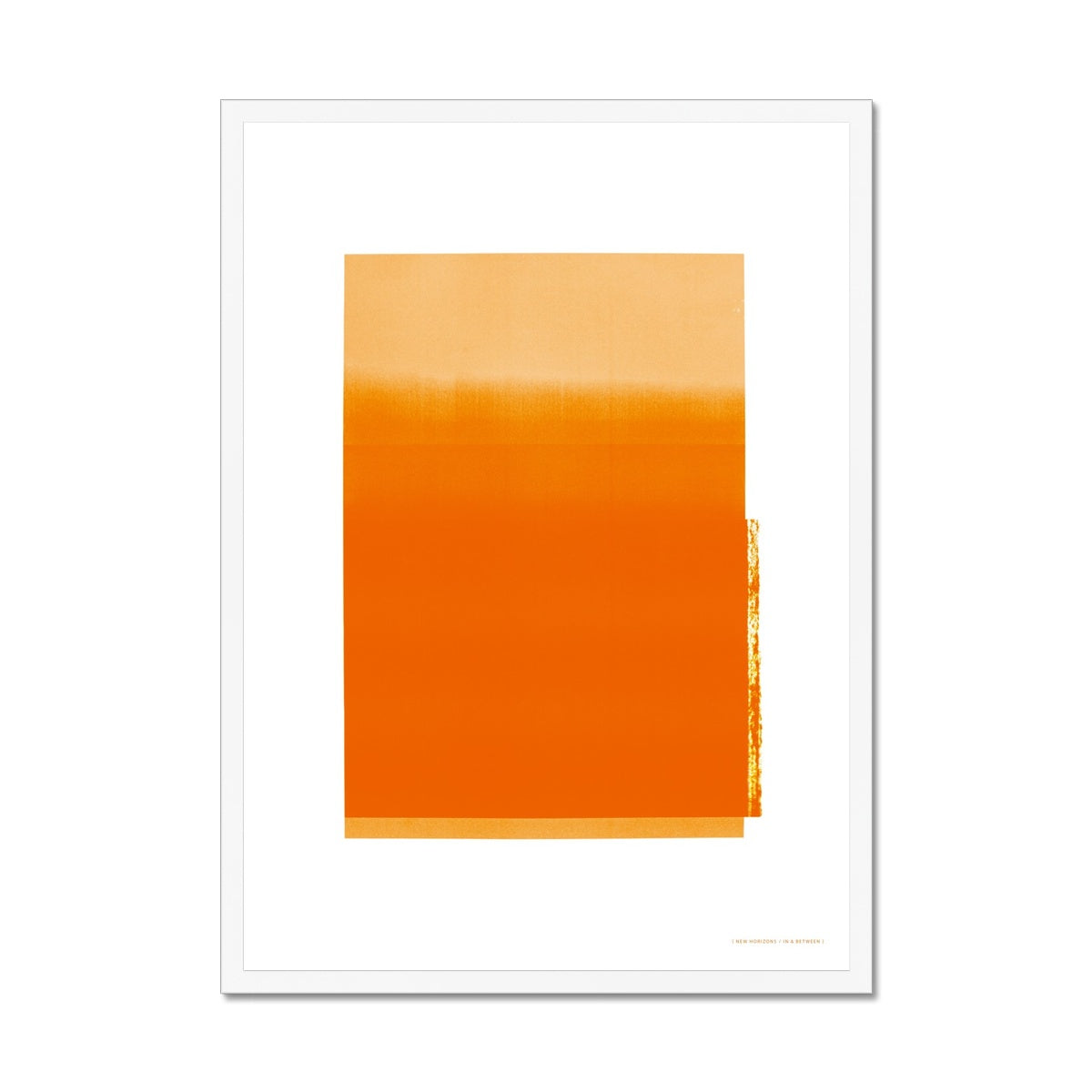 White wood framed giclee print depicting electric orange horizon within wide white border. From being completely saturated at the bottom the pigments of colour slowly spread out upwards until it fades into space at the top like the horizon.