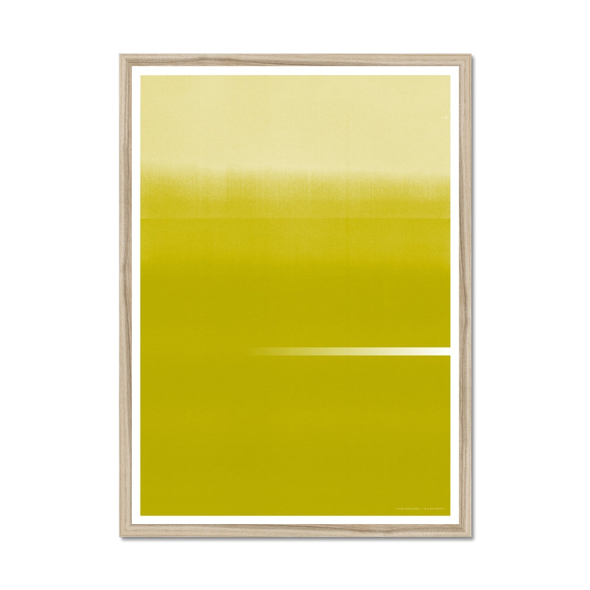 Natural wood framed giclee print depicting a vibrant gold-yellow horizon. From being completely saturated at the bottom the pigments of colour slowly spread out upwards until it fades into space at the top like the horizon.