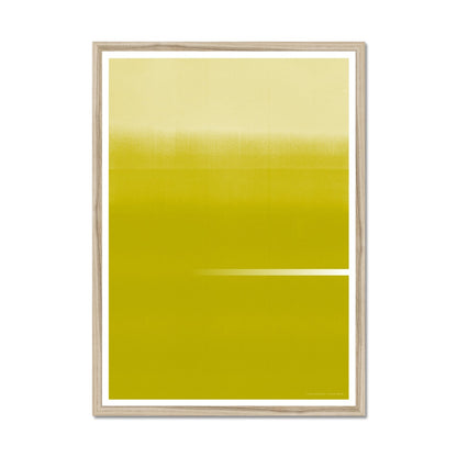 Natural wood framed giclee print depicting a vibrant gold-yellow horizon. From being completely saturated at the bottom the pigments of colour slowly spread out upwards until it fades into space at the top like the horizon.