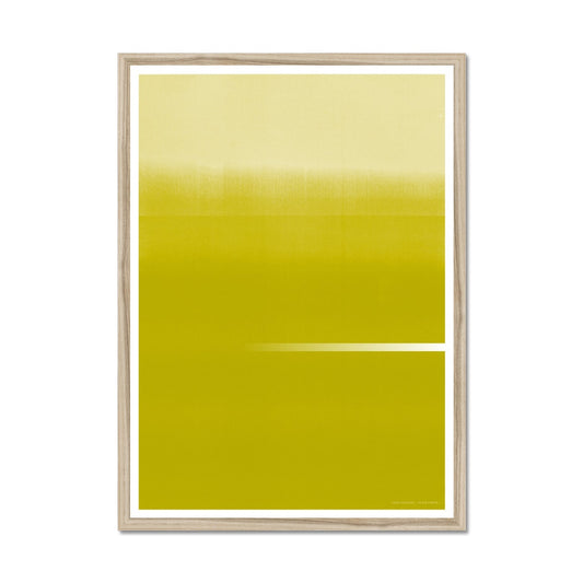 Natural wood framed giclee print depicting a vibrant gold-yellow horizon. From being completely saturated at the bottom the pigments of colour slowly spread out upwards until it fades into space at the top like the horizon.