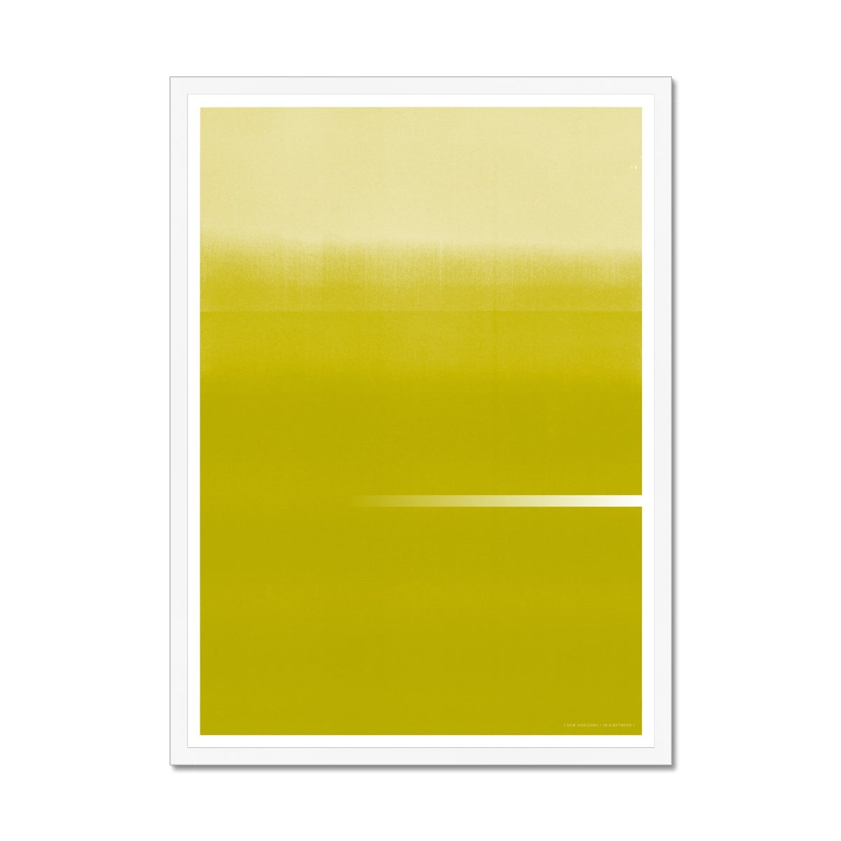 White wood framed giclee print depicting a vibrant gold-yellow horizon. From being completely saturated at the bottom the pigments of colour slowly spread out upwards until it fades into space at the top like the horizon.