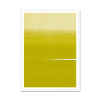 White wood framed giclee print depicting a vibrant gold-yellow horizon. From being completely saturated at the bottom the pigments of colour slowly spread out upwards until it fades into space at the top like the horizon.