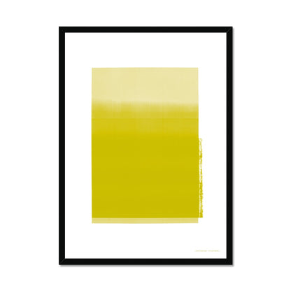 NBlack wood framed giclee print depicting golden yellow horizon within wide white border. From being completely saturated at the bottom the pigments of colour slowly spread out upwards until it fades into space at the top like the horizon.