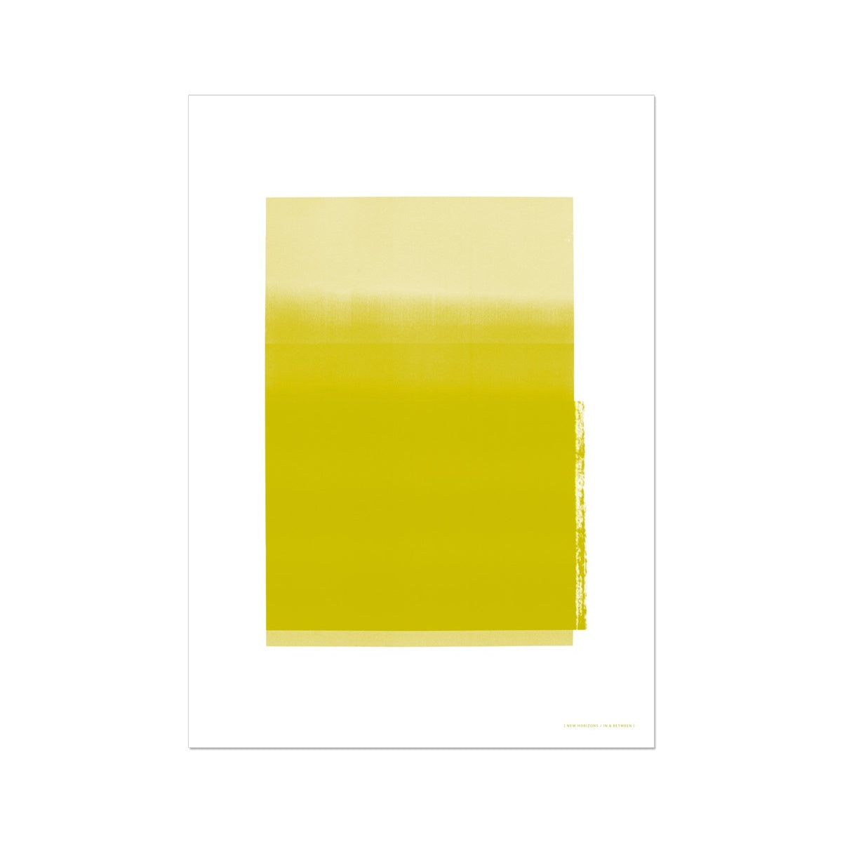 Giclee print depicting golden yellow horizon within wide white border. From being completely saturated at the bottom the pigments of colour slowly spread out upwards until it fades into space at the top like the horizon.