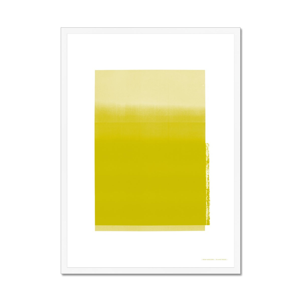 White wood framed giclee print depicting golden yellow horizon within wide white border. From being completely saturated at the bottom the pigments of colour slowly spread out upwards until it fades into space at the top like the horizon.