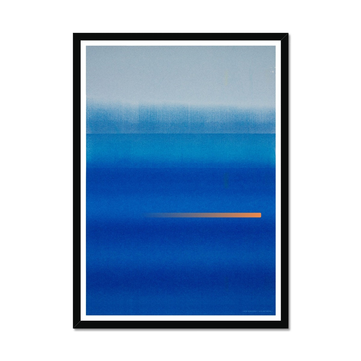 Black wood framed giclee print depicting a vibrant blue horizon. From being completely saturated at the bottom the pigments of colour slowly spread out upwards until it fades into space at the top like the horizon.