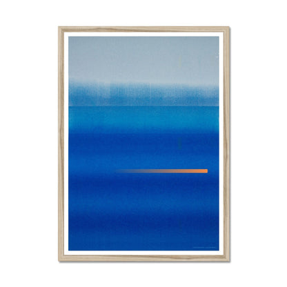 Natural wood framed giclee print depicting a vibrant blue horizon. From being completely saturated at the bottom the pigments of colour slowly spread out upwards until it fades into space at the top like the horizon.