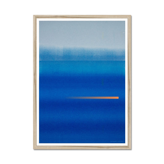Natural wood framed giclee print depicting a vibrant blue horizon. From being completely saturated at the bottom the pigments of colour slowly spread out upwards until it fades into space at the top like the horizon.