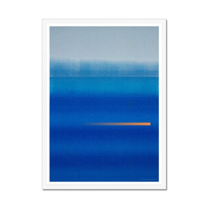 White wood framed giclee print depicting a vibrant blue horizon. From being completely saturated at the bottom the pigments of colour slowly spread out upwards until it fades into space at the top like the horizon.