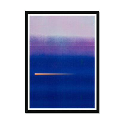 Black wood framed giclee print depicting a vibrant blue-violet horizon. From being completely saturated at the bottom the pigments of colour slowly spread out upwards until it fades into space at the top like the horizon.