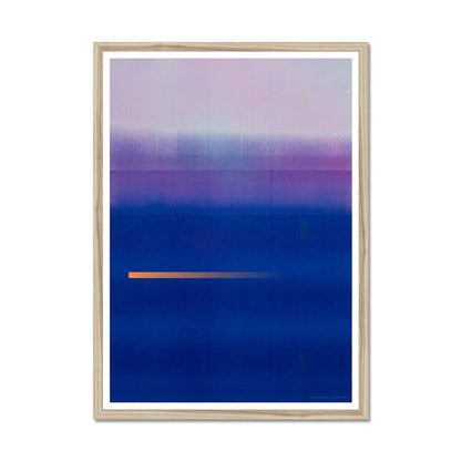 Natural wood framed giclee print depicting a vibrant blue-violet horizon. From being completely saturated at the bottom the pigments of colour slowly spread out upwards until it fades into space at the top like the horizon.