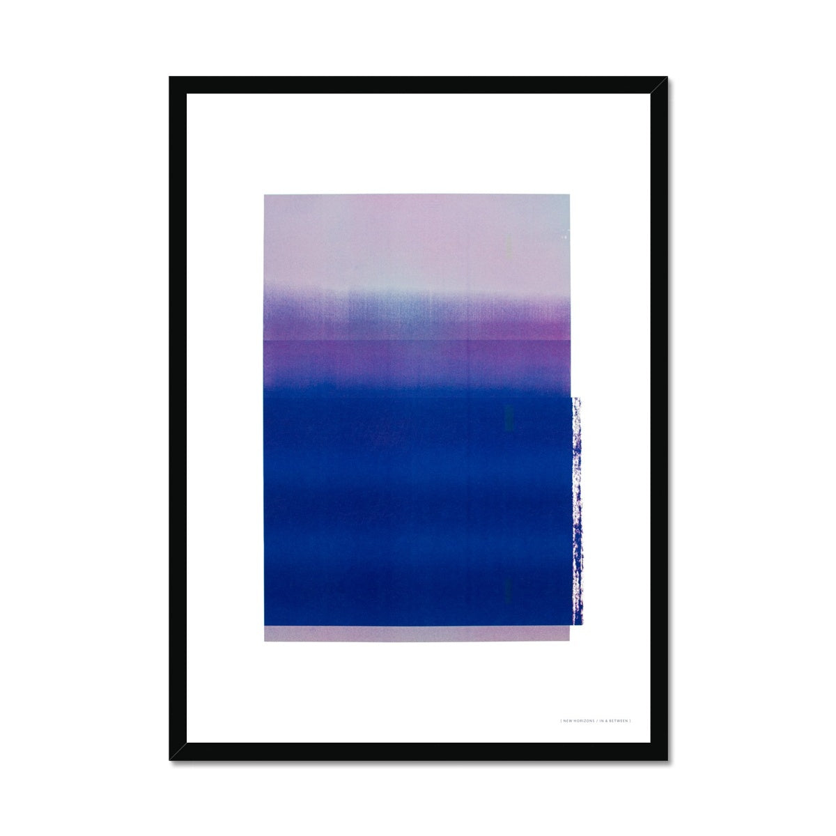 Black wood framed giclee print depicting a vibrant violet horizon within a wide white border. From being completely saturated at the bottom the pigments of colour slowly spread out upwards until it fades into space at the top like the horizon.