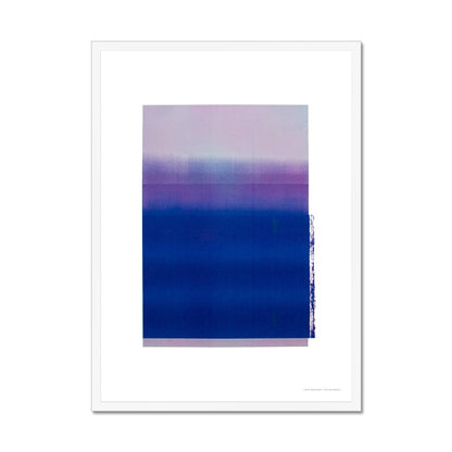 White wood framed giclee print depicting a vibrant violet horizon within a wide white border. From being completely saturated at the bottom the pigments of colour slowly spread out upwards until it fades into space at the top like the horizon.